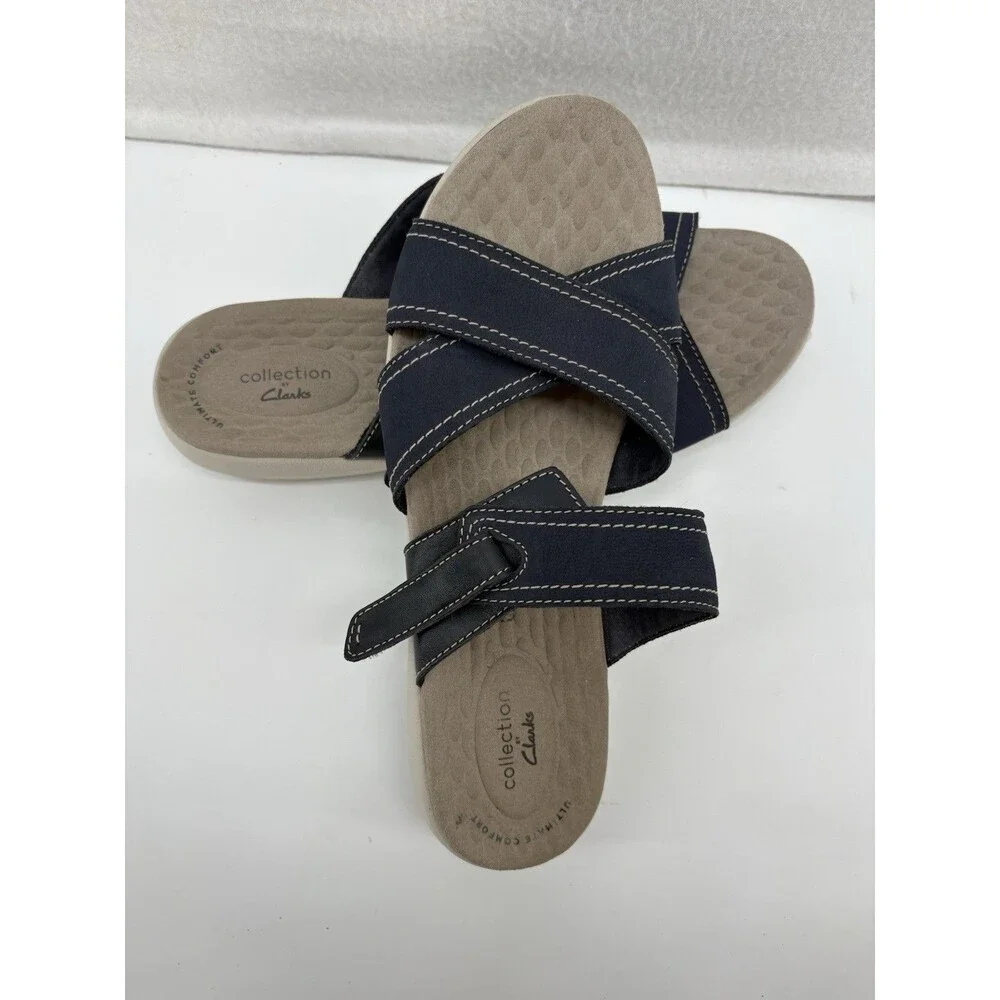 Clarks Women Elizabelle Bay Leather Sandal Navy‎ Blue 7.5M Adjustable Straps